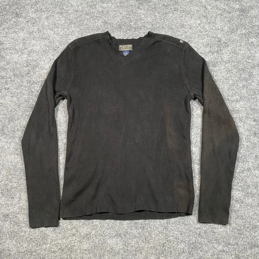 Polo Jeans Co Ralph Lauren Mens Black Ribbed V-Neck Cotton Sweater Small RL Logo